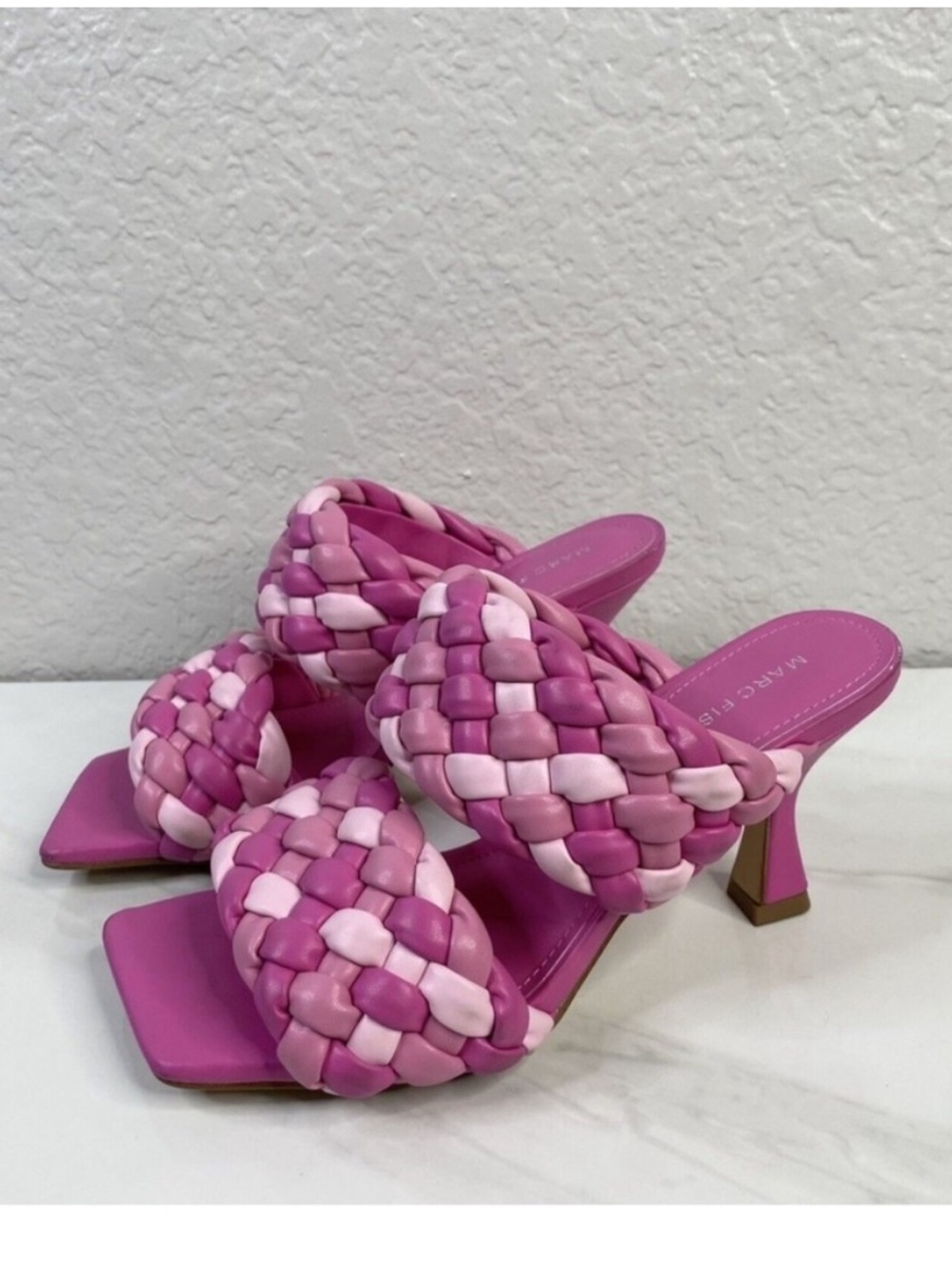 Marc fisher toree sandals mules heels square toe puff braided pink 6.5